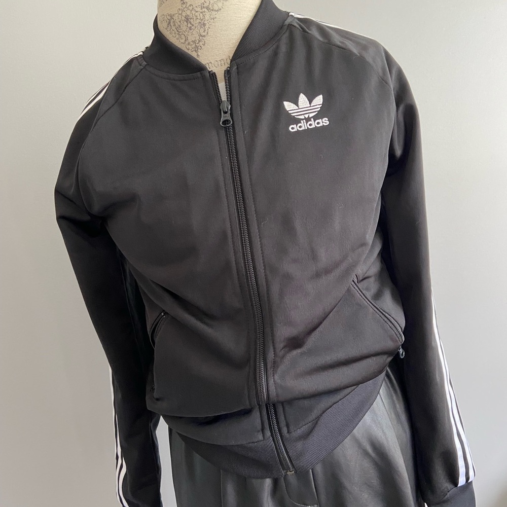 Adidas S Black Three Stripe Full Zip Athletic Sports Active Jacket Pockets - Picture 2 of 6